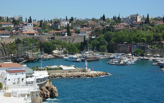 Antalya harbor and old town aerial view with Roman walls and Mediterranean Sea Turkey