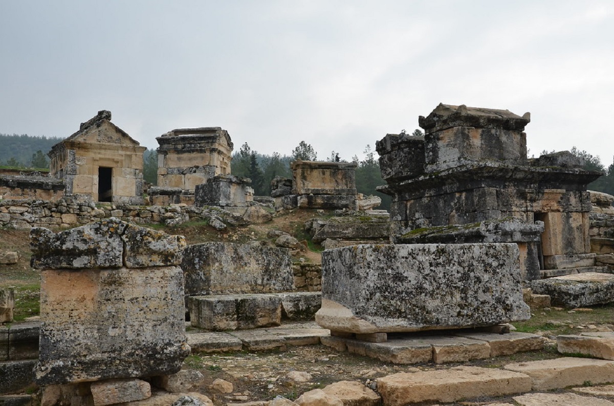 Hierapolis Necropolis Ancient Tombs and Sarcophagi Pamukkale Sarcophagi and Roman sculptures inside the Hierapolis necropolis Pamukkale Turkey