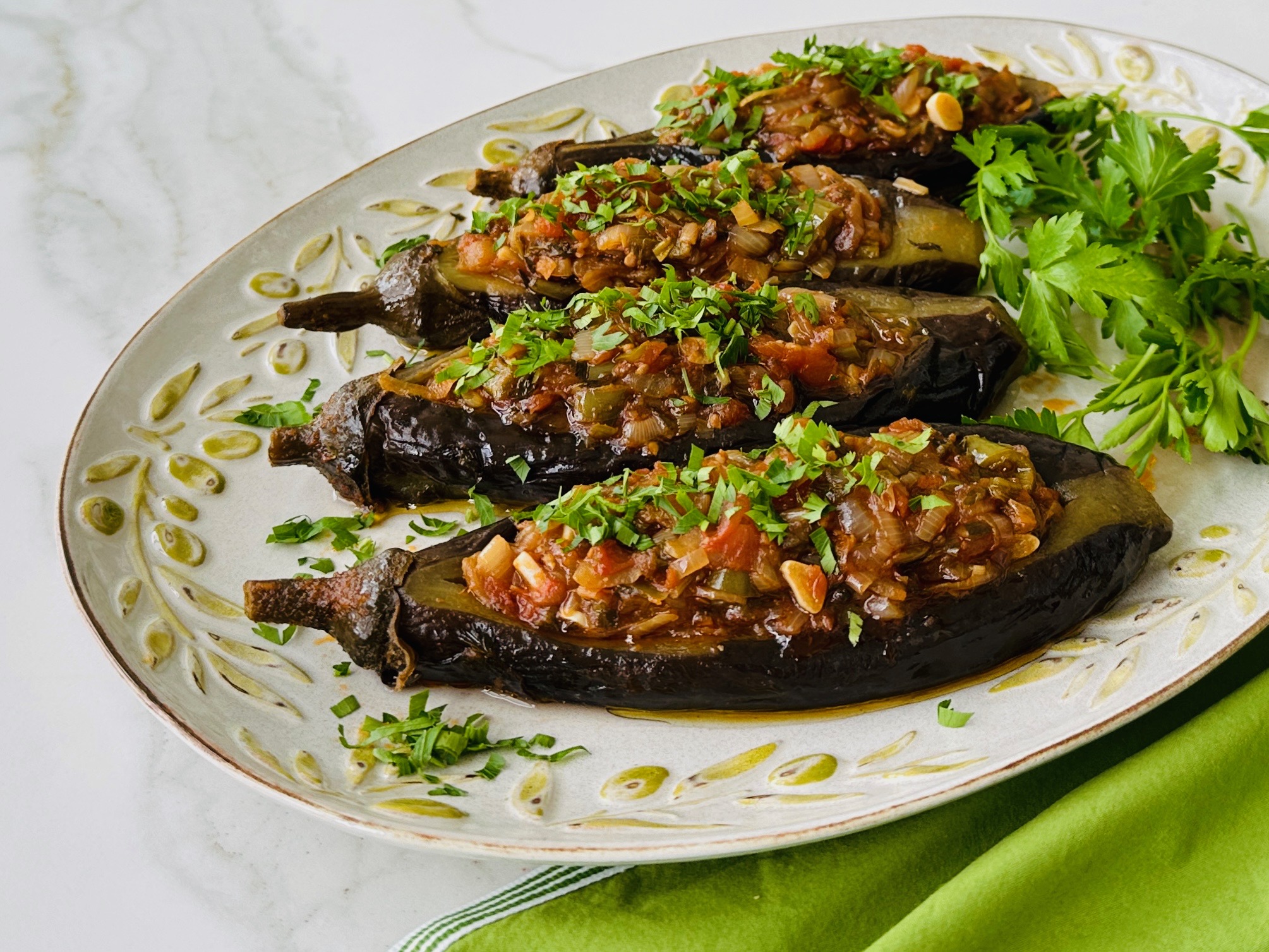 İmam bayıldı stuffed aubergine with onions, garlic, and tomatoes in olive oil