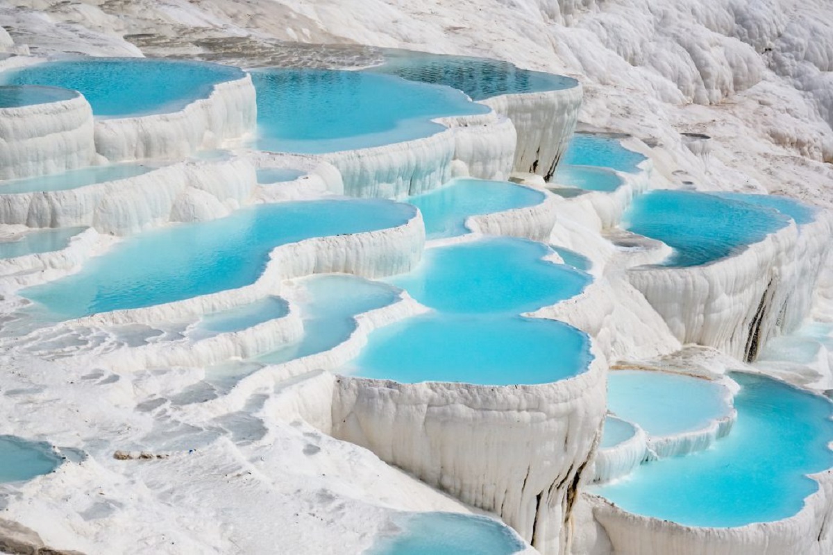 Pamukkale Travertine Terraces with Turquoise Thermal Pools Turkey Best things to do in Pamukkale white travertine terraces with turquoise thermal pools Turkey