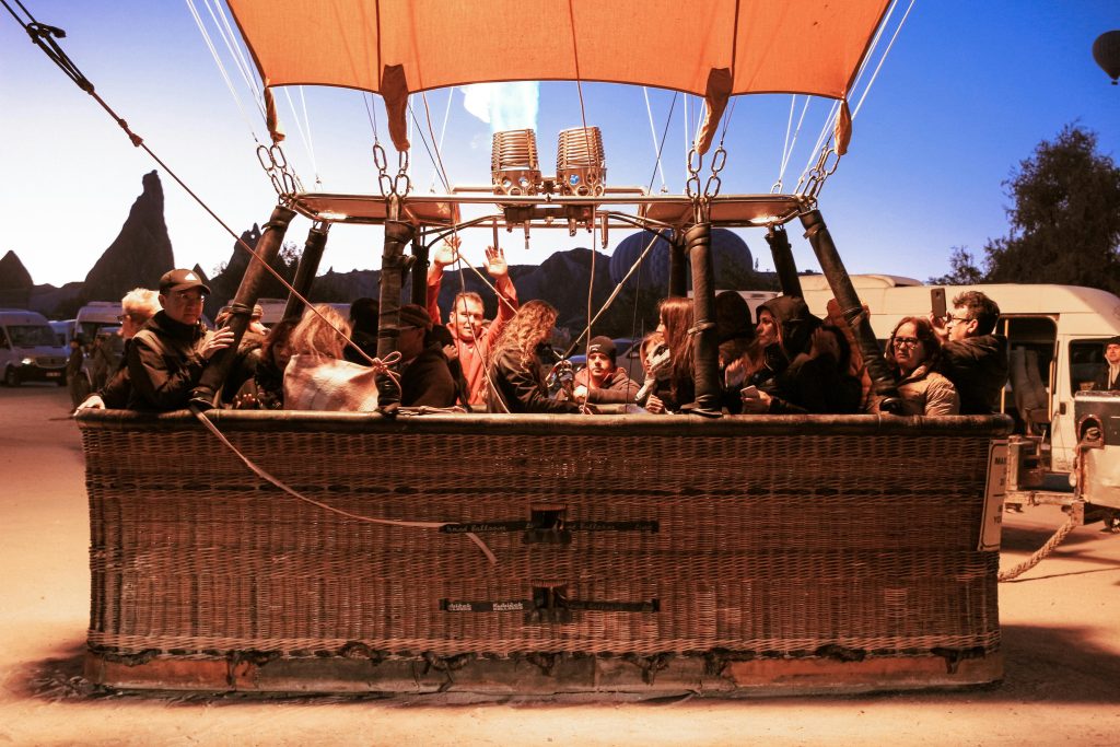 Inside a hot air balloon basket during sunrise flight in this Cappadocia 3 day itinerary