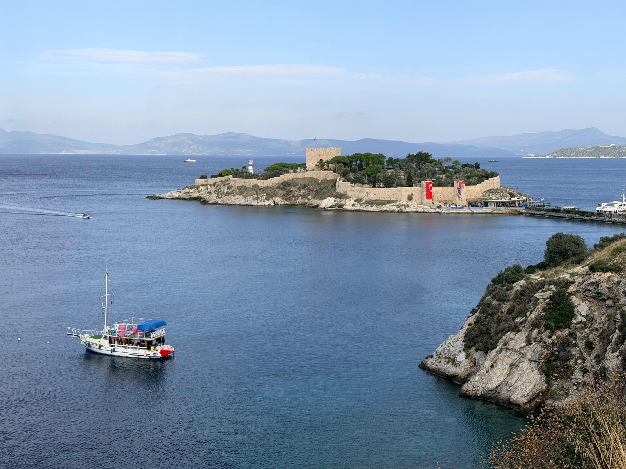 Things to do in Kusadasi Turkey featured Pigeon Island Castle and Aegean Sea view